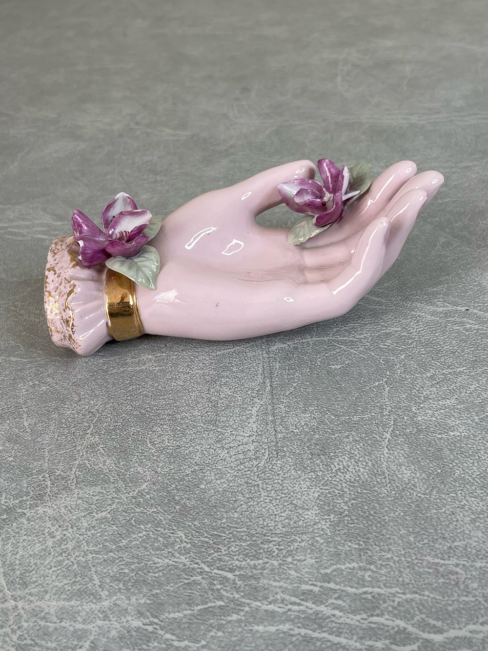 Vintage Pink Porcelain Hand Figurine w/ Purple Flowers Ring Dish
